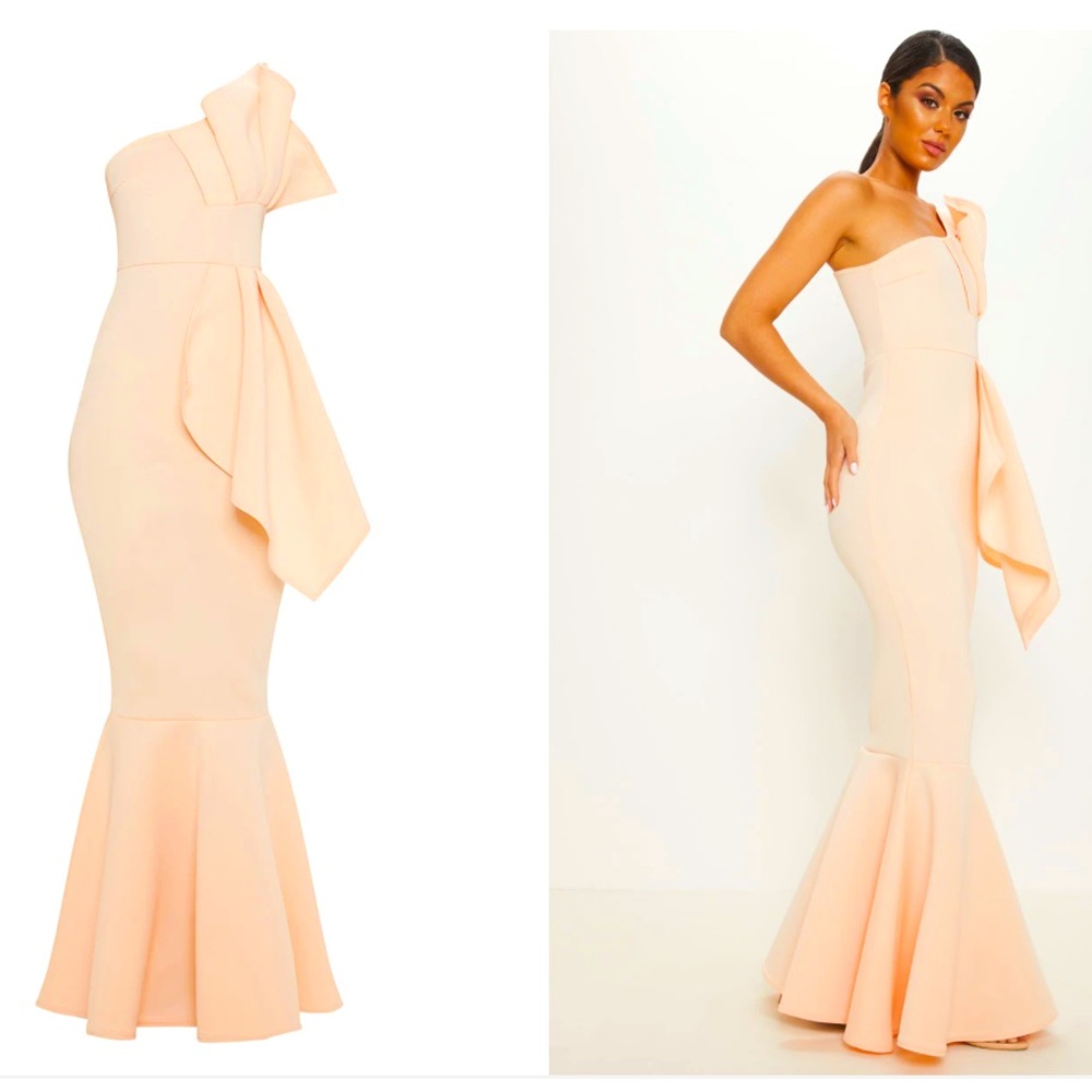 🆕 Peach Bonded Pleated One Shoulder Fishtail Maxi Dress Prom Cocktail - XS